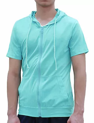 Men's Hoodies Solid Color Zip Up Short Sleeve Jackets With Hood • $30.51