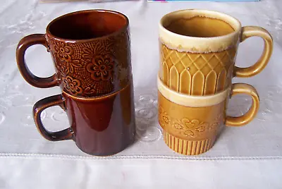 Retro/Vintage 70s 4 Pattern Drip Glaze Stackable Mugs In Exc. Cond Made In Japan • $40