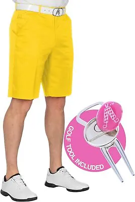 Royal And Awesome Men`s Golf Shorts YOLO Yellow Golf Shorts + Tool W 30 - 44 • £39.99