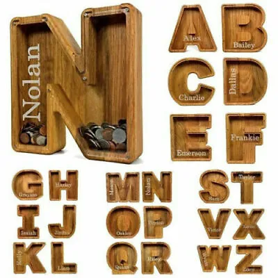 A-Z Wooden Piggy Bank Letter Personalized Coin Saving Money Box Wedding Decor • £4.39