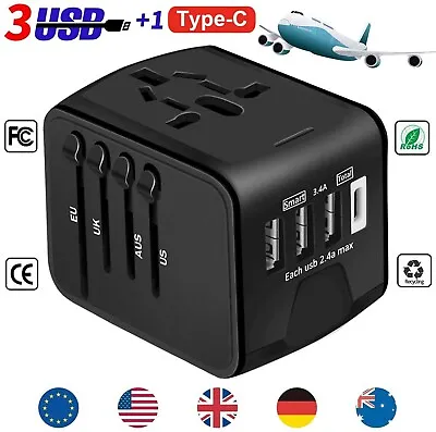 Universal Travel Adapter Worldwide Multi Plug UK EU AU US 3 USB Type C Charger • £13.99