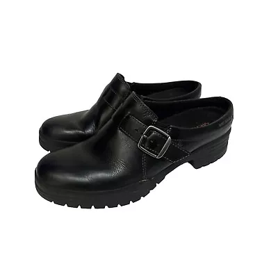 Merrell Encore Kassie Buckle Slide Black Leather Clog Shoes Mules US 7 Slip On • $49.99