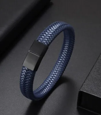 Men's/Woman’s Leather Bracelet Magnetic Clasp Bangle Blue 23cm • £4.95