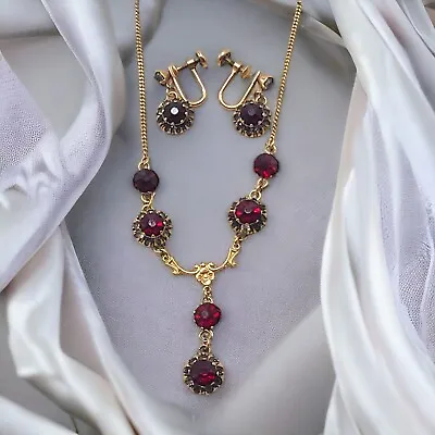 Vintage 12k Gold Filled Garnet Rhinestone Necklace Earrings Set Demi Parure Van  • $55