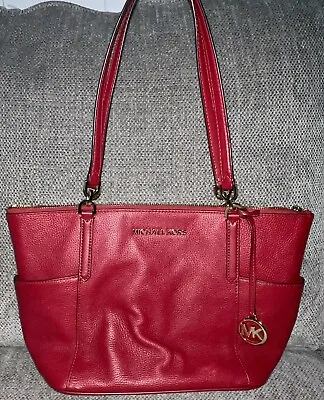 MICHAEL KORS Bedford East West Top Zip Red Pebbled Leather Tote Shoulder Bag • $58.50