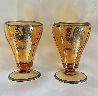 2 Cambridge Glass #525 Amber Footed Tumbler Glasses Sterling Silver Rooster 3 Oz • $27.99