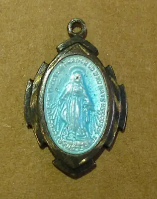 Antique Miraculous Medal Virgin Mary Blue Enamel Art Deco Design Catholic • $17.99