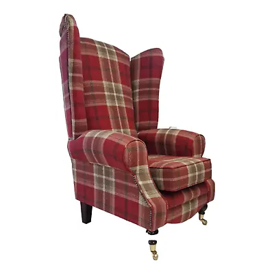 Wing Back Queen Anne Fireside Extra Tall High Back Chair Balmoral Red Tartan • £619