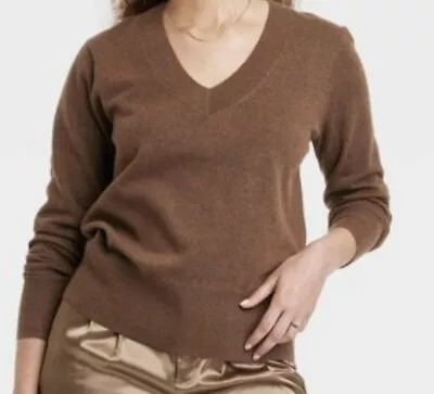 Women's Fine Gauge V-neck Sweater - A New Day Brown Size XL NEW • $11.89