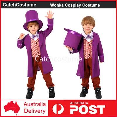 Kids Charlie And The Chocolate Factory Willy Wonka Costume Boys Cosplay Outfits • $48.44