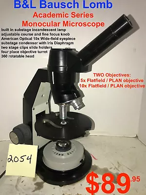 B&L Bausch Lomb Academic Series Monocular Microscope 2 Objectives & Light #2054 • $29.95