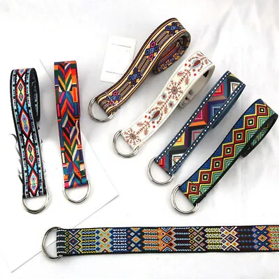 Men Women Ethnic Canvas Web Belt Casual Jeans Belt Sliver Double D-ring Buckle □ • $5.12