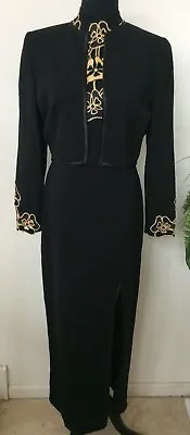 NWT El-Ana Gold Embroidered Lace Black Wool Knit Dress & Jacket Suit Size M $625 • £193.78