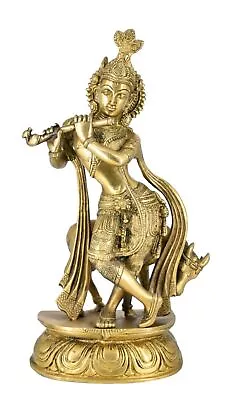 Whitewhale Lord Krishna With Cow Brass Statue Religious God Sculpture Idol Decor • £137.62