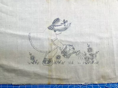 Vintage Bonnet Girl W/Watering Can Embroidery Stamped Linen • $24.99