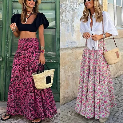 Womens Boho Floral Long Maxi Skirt Ladies High Waist Beach Holiday Swing Dress • $24.89