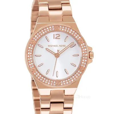 Michael Kors Mini Lennox Womens Glitz Watch White Dial Crystals Rose Gold Band • $99.19