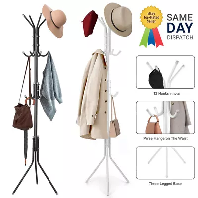 Metal Coat Rack 12 Hooks Freestanding Clothes Hat Hanger Stand Clothes Organiser • £9.98