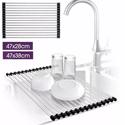 Dish Rack Drying Drainer Over Sink Stainless Steel Rack Roll Up Foldable Kitchen • $11.99