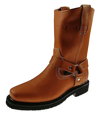 Men's Work Boots Pull On Biker Style Genuine Leather Honey Brown Black Shedron • $79.99