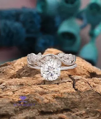 Moissanite Bridal Set Engagement Ring 2 Carat Round Cut Solid 14K White Gold • $229.62
