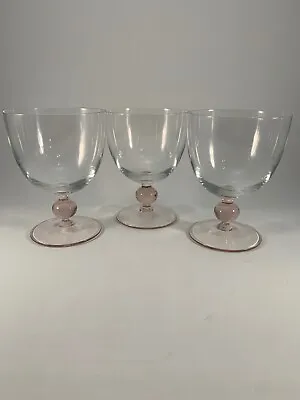 Vintage Clear Bowl Wine Glass Goblet - Pink Ball Stem Base - Set Of 3 • $19.95