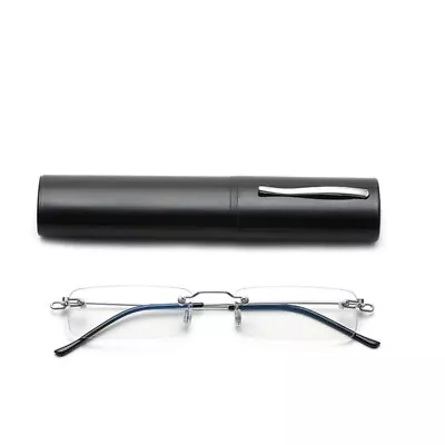 Rimless Reading Glasses Slim Metal Frame Eyeglasses Compact Hard Case Reader Men • $8.39