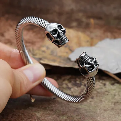 7 Inch Stainless Steel Mens Black Biker Skull Skeleton Cuff Bangle Bracelet Men • $10.99