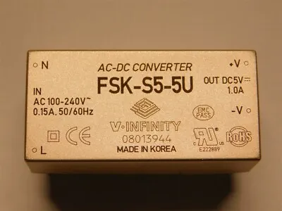 V-Infinity CUI Inc. FSK-S5-5U 85-264VAC In 5V 1A 5W Switching Mode Power Supply • $44.99