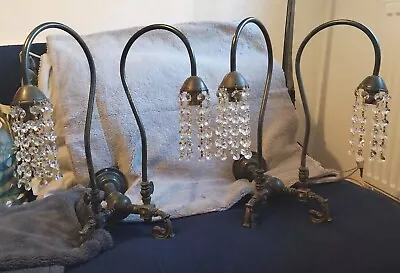 Pair Antique French Brass Converted Gas Large Wall Lights Swan Neck Crystal's  • £39