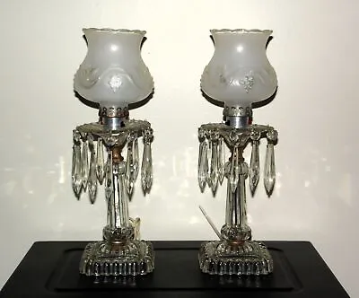 Vintage Pair 1940's Crystal Glass Mantle Lusters Table Lamps Crystal Prisms • $225