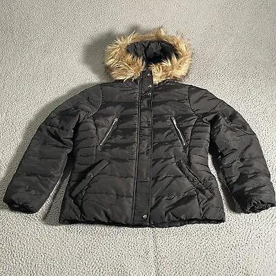 H&M Jacket Womens Puffer Large 12 Black Water Resistant Hooded Lined Faux Fur • $14.54