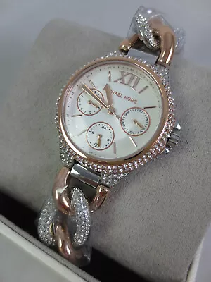 NEW Michael Kors Camille Chain Glitz Two Tone Rose Gold Silver Watch MK6843  Box • $188.49