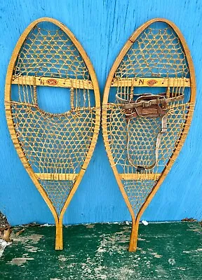 Vintage Great Snowshoes 14x42 FABER One Leather Bindings GREAT DECORATION CRAFTS • $54.80