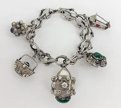 Vtg 800 Silver Etruscan 5 Charm Bracelet Multicolor Stones 7 3/4  Long 44 Grams • $159.99