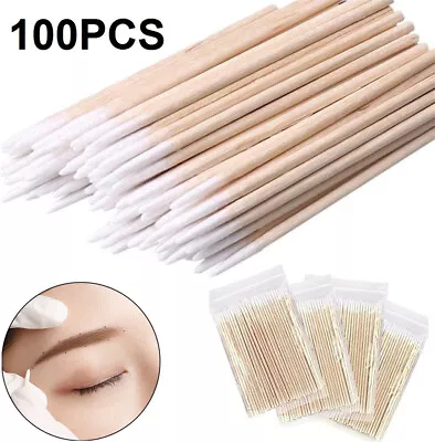 100X Cotton Buds Swab For Eyebrow Tattoo Beauty Make-up Wood Handle Pointed Tip • £2.84