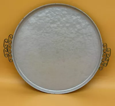 KYES Moire Glaze 15   Round Serving Tray Enamel Pearl White MCM Barware • $35