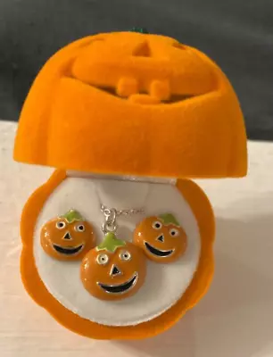 Vintage Pumpkin Box PUMPKIN Jewelry Necklace Earrings Set Halloween For Child • $7.95