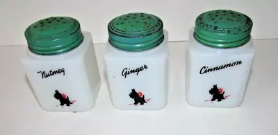 3 Milk Glass Spice Jar Shakers Scottie Dog Cinnamon Ginger Nutmeg • $30