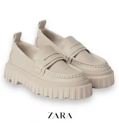 Zara Off White Faux Leather Low Heel Lug Sole Platform Loafers  6.5/37 2517/131 • $35