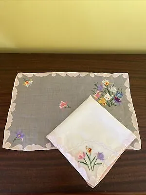 Vintage Madeira Shell Pink Linen Embroidered Napkin Placemat  Set Pc 15 Spring • $99