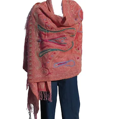 Shawl | Embroidery | Yak + Sheep Wool Blend | Stitched| Handmade | Coral & Ivory • $82.80