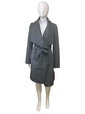 Vince Womens Gray Wool Blend Coat Draped Front Waist Tie Leather Trim Size XS • $200