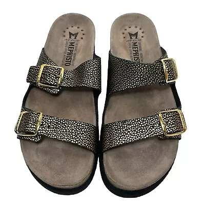 MEPHISTO HARMONY Gold Black Metallic Two Strap Buckle Slides Sandals Women 41 11 • $95