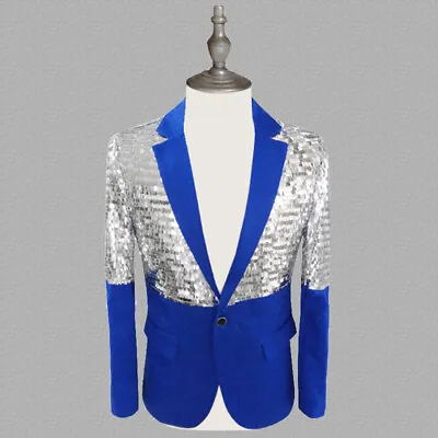 Men Sequin Notch Lapel Suit Blazer Tuxedo Jacket Coat Showman Costume Casual Top • $59.13