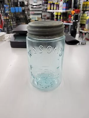 Vintage Mason's Cross Patent Nov. 30th 1858 Blue Glass Jar. Ball Lid. 6  Tall  • $14.99