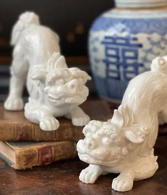 Elegant Rare MCM White Chinoiserie Imperial Qilin Foo Dog Blanc De Chine Pair 8” • $0.99