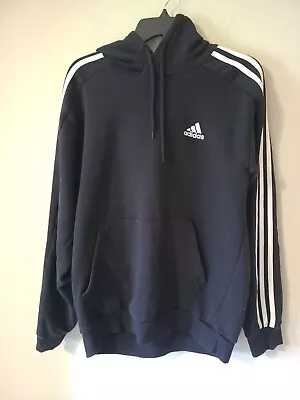 Adidas 3-Stripes Drawstring Black Fleece Hoodie Men's Size LARGE • $9.99