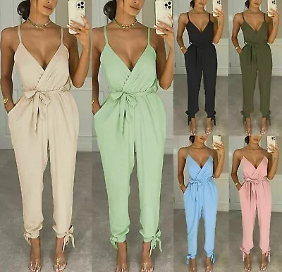 £11.88 • Buy Women's V Neck Wrap Over Ankle Tie Waist Jumpsuit Ladies Harem Wide Leg Playsuit