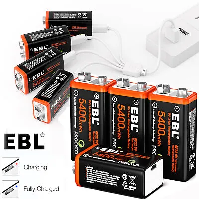 EBL 1-8 Packs USB 9V 9-Volt 6F22 Lithium Ion Battery Rechargeable Batteries • £24.99